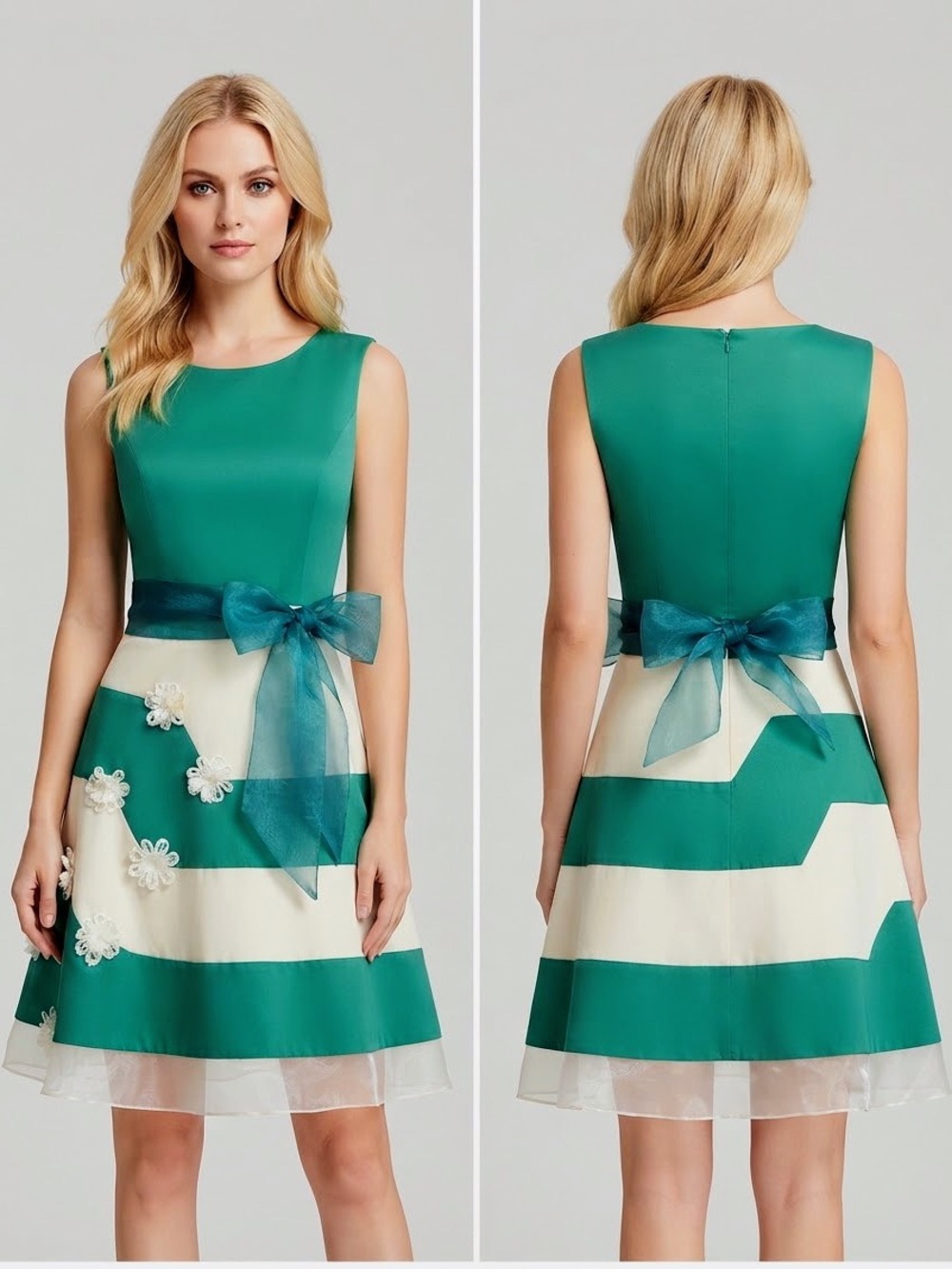NWT SLEEVELESS FIT & FLARE DRESS ROUND NECK COLOR-BLOCK STRIPED SKIRT BELTED
